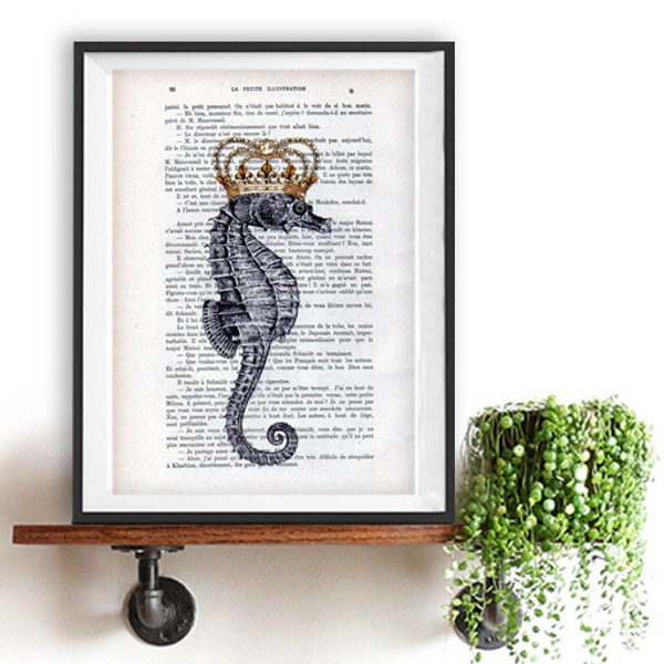 Seahorse King Crown Illustration, recycled book print, love print, dictionary print,crown art, vintage wall art, decoration,christmas gift