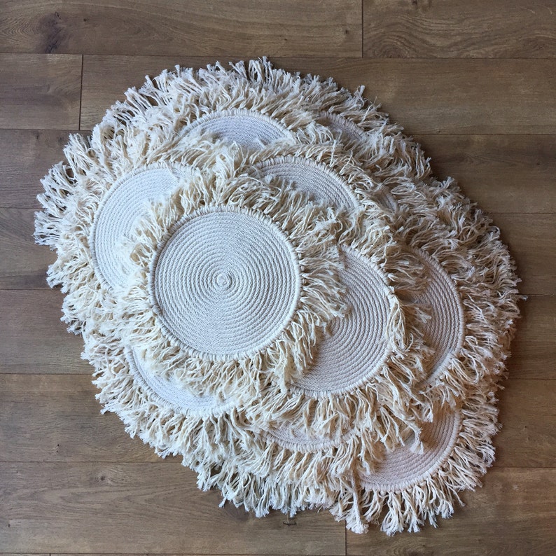 Set of 4 Boho cotton corded fringed placemats Macrame Round | Etsy