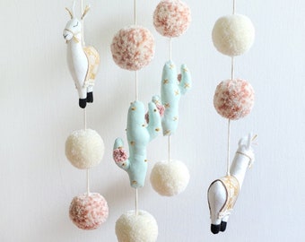 Llama and Cactus Nursery Mobile, Llama Mobile, Cactus Mobile, Llama Nursery, Cactus Nursery, Boho Nursery, Pom Pom - MADE TO ORDER