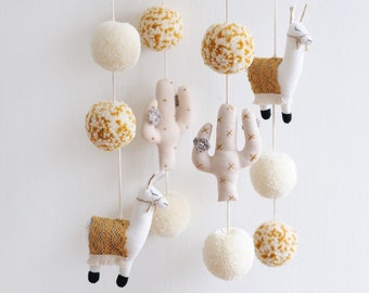 Llama and Cactus Nursery Mobile, Llama Mobile, Cactus Mobile, Llama Nursery, Cactus Nursery, Boho Nursery, Pom Pom - MADE TO ORDER