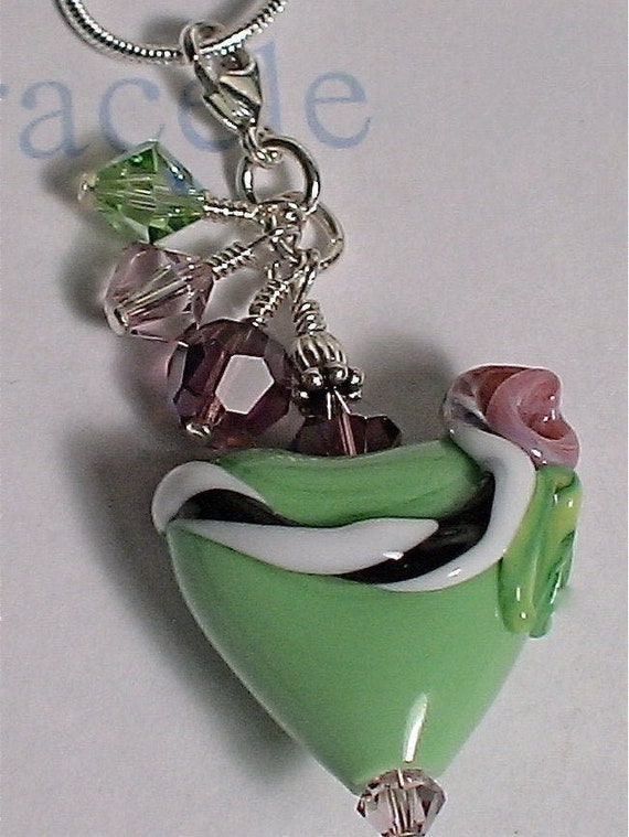 Lampwork Flower Engraved Green Diamond Glass Pendant for Necklace - 1 Piece