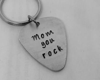 Mom You Rock, Guitar Pick Keychain, Hand Stamped Guitar Pick, Hand Stamped Keychain, Mothers Day Keychain, Gift For Mom