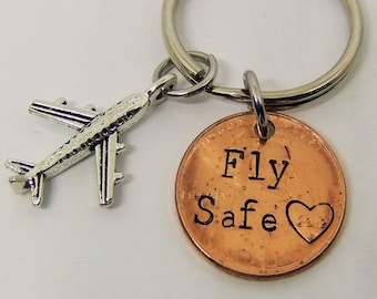 Fly Safe Penny Keychain, Pilot Keychain, Stamped Penny Keychain, Fly Safe Token, Fly Safe Pilot, Airplane Keychain