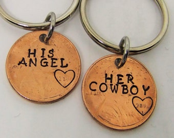 Penny Keychain, His Angel Her Cowboy, Hand Stamped Penny, Custom Penny, Couples Keychain Set