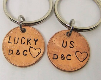 Penny Keychain, Lucky Us Penny Keychain, Hand Stamped Penny Keychain, Personalized Keychain, Couples Keychain