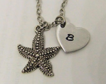 Starfish Necklace With Initial Charm, Hand Stamped Initial Charm, Personalized Necklace, Beach Necklace Woman