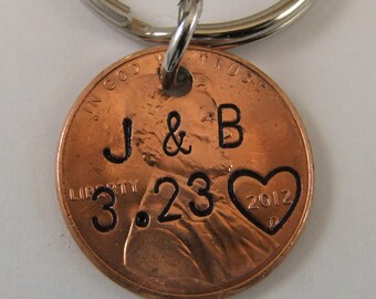 Penny Keychain, Couples Keychain, Anniversary Keychain, 7 Year Anniversary Keychain, Personalized Keychain, Copper Keychain