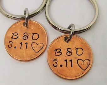 Penny Keychain, Couples Keychain, Anniversary Keychain, Personalized Penny Keychain, Stamped Penny