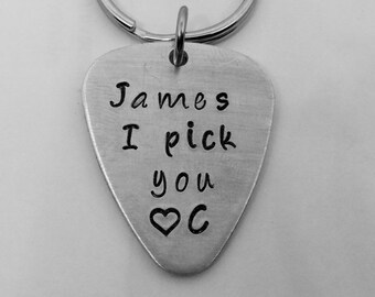Guitar Pick Keychain, I Pick You, Hand Stamped Guitar Pick Keychain, Guitar pick Keychain for Boyfriend