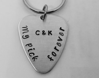 Guitar Pick Keychain, My Pick Forever, Hand Stamped Guitar Pick Keychain, Personalized Guitar Pick Keychain