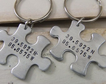 Puzzle Piece Keychain Set, Longitude Latitude Puzzle Piece Keychains, Couples Keychain Set, Personalized Keychain, Long Distance Keychain