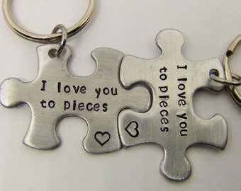 Puzzle Piece Keychain Set, Couples Keychain, Hand Stamped Keychain, Puzzle Piece Keychain Couple. I love You Keychains