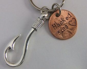 Penny Keychain, Couples Keychain, Hooked Keychain, Anniversary Keychain, Fish Hook Keychain, Custom Keychain