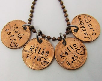 Penny Necklace for Mom, Mother's Day Necklace, Penny Necklace, Mom Necklace, Stamped Pennies, Name Personalization