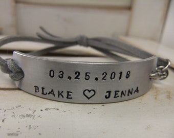 Couples Bracelet, Hand Stamped Bracelet, Personalized Bracelet, Customized Bracelet, Adjustable Bracelet, Faux Leather Bracelet