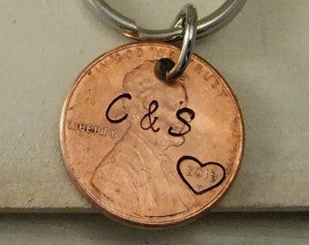 Penny Keychain, Couples Keychain, Hand Stamped Keychain, Personalized Keychain