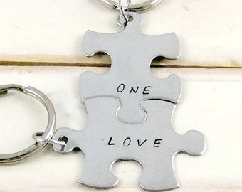 One Love, Puzzle Piece Keychain, Couple's Keychain. For Him and Her, Hand Stamped Keychain