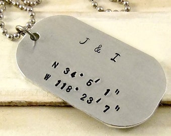 Longitude Latitude Necklace, Dog Tag Necklace, Couples Jewelry, Girlfriend Gift, Boyfriend Gift, Necklace for Him or Her