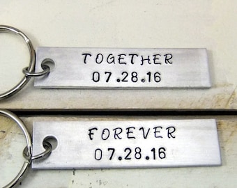 Couples Keychain Set, Together Forever, Personalized keychains, Hand Stamped Keychains, Anniversary Keychain, Couples Gift Set