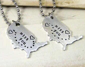 Miss You Necklace Set, Long Distance Necklace Set, Best Friend Long Distance, Long Distance Friendship, United States Necklace