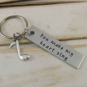 Custom Keychain, Custom Stamped Keychain, Personalized Keychain, You Make My Heart Sing, Music Gift, Hand Stamped Keychain image 1