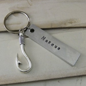 Personalized Keychain, Fish Hook Keychain, Hand Stamped Keychain, Gift for Dad, Keychain for Dad