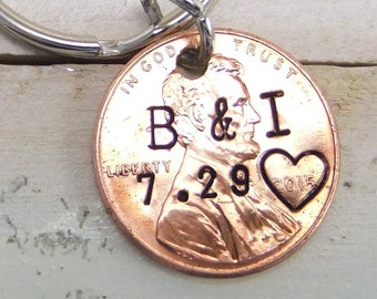 Penny Keychain, Couples Keychain, Hand Stamped Keychain, Custom Penny Keychain, 7th Anniversary Gift