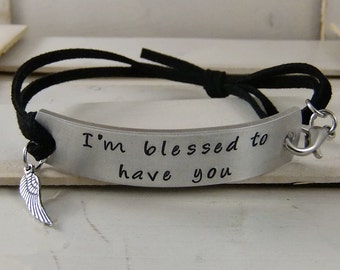 I'm blessed to have you, Hand Stamped Bracelet, Angel Wing Bracelet, Adjustable Bracelet, Custom Bracelet