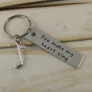 Custom Keychain, Custom Stamped Keychain, Personalized Keychain, You Make My Heart Sing, Music Gift, Hand Stamped Keychain image 2