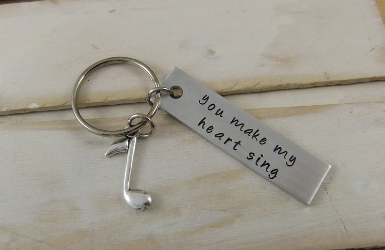 Custom Keychain, Custom Stamped Keychain, Personalized Keychain, You Make My Heart Sing, Music Gift, Hand Stamped Keychain image 4