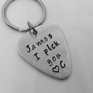 Guitar Pick Keychain, I Pick You, Hand Stamped Guitar Pick Keychain, Guitar pick Keychain for Boyfriend image 2