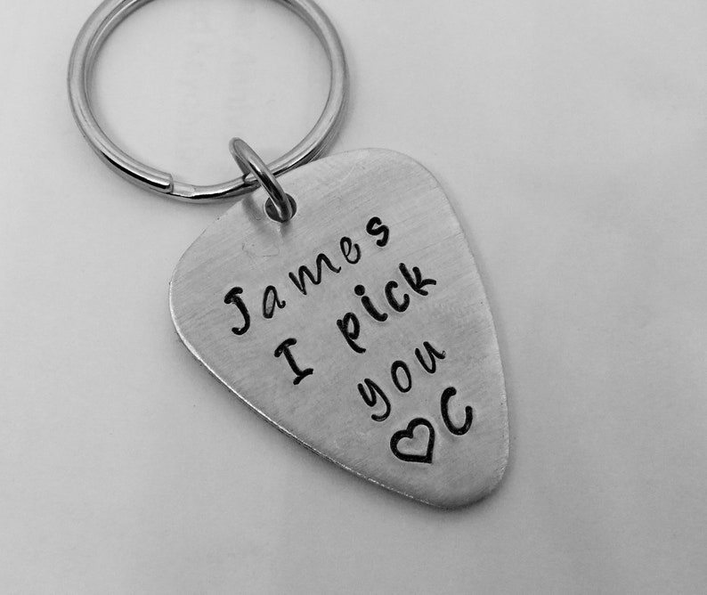Guitar Pick Keychain, I Pick You, Hand Stamped Guitar Pick Keychain, Guitar pick Keychain for Boyfriend image 2