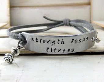 Fitness Bracelet for women and men, Strength Focus Fitness, Fitness Jewelry, Adjustable Personalized bracelet, Hand Stamped Bracelet