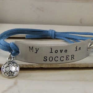 Soccer Bracelet, Team Bracelet, Customized Sports Bracelet, Hand Stamped Bracelet, My Love is Soccer, Soccer lover bracelet