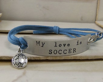 Soccer Bracelet, Team Bracelet, Customized Sports Bracelet, Hand Stamped Bracelet, My Love is Soccer, Faux Leather Bracelet