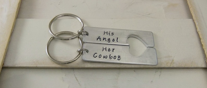 His Angel Her Cowboy, Couples Keychain Set, Hand Stamped Keychain, Personalized Keychains, Anniversary Keychains 