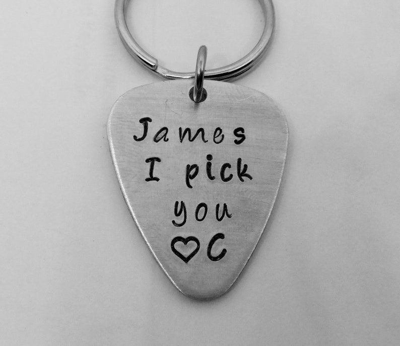 Guitar Pick Keychain, I Pick You, Hand Stamped Guitar Pick Keychain, Guitar pick Keychain for Boyfriend image 1