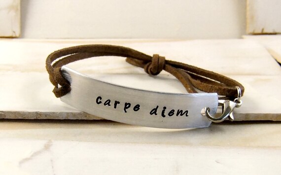Carpe Diem Bru Hand Stamped Cuff Thin Stacking Bracelet Personalized Custom Order Adjustable Handmade Carpe Diem Bru Hand Stamped Cuff Thin Stacking Bracelet Personalized Custom Order Adjustable Handmade