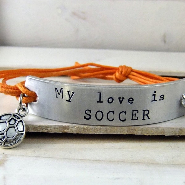 Soccer Bracelet, Sports Bracelet, Adjustable Bracelet, Hand Stamped Bracelet