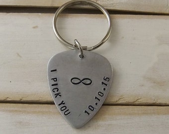 I pick you keychain, Infinity Keychain, Personalized Keychain, Hand Stamped Guitar Pick, Custom Guitar Pick