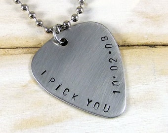 I Pick You, Hand Stamped Guitar Pick Necklace