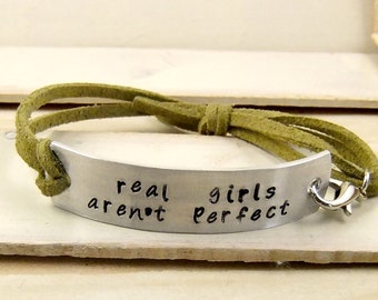 Real Girls Aren't Perfect, Faux Leather Bracelet, Quote Bracelet, Hand Stamped Bracelet, Personalized Bracelet