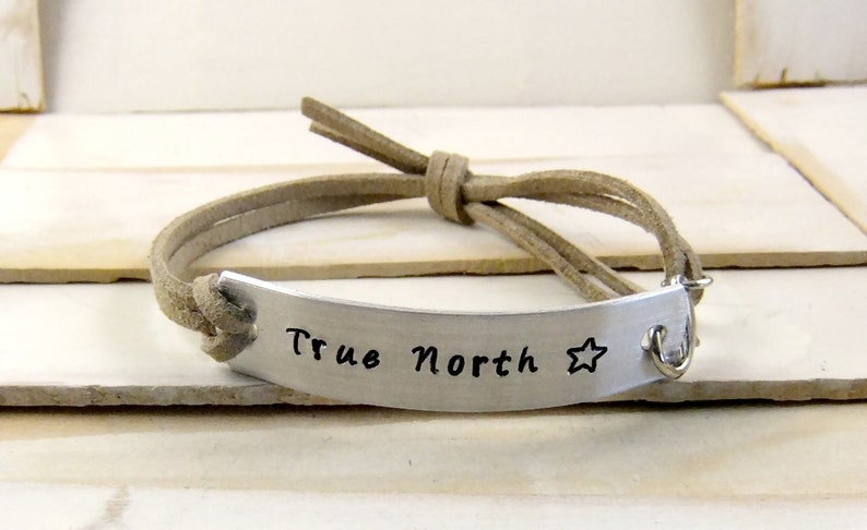 True North, Hand Stamped Bracelet, Personalized Bracelet, Faux Leather Bracelet, Adjustable Bracelet image 1