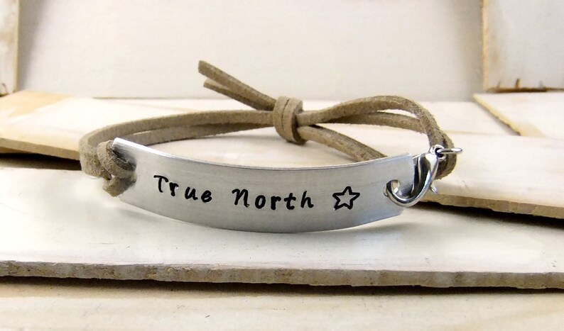 True North, Hand Stamped Bracelet, Personalized Bracelet, Faux Leather Bracelet, Adjustable Bracelet image 3