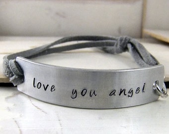 Love you Angel, Hand Stamped Bracelet, Adjustable Faux Leather Bracelet, Personalized Bracelet