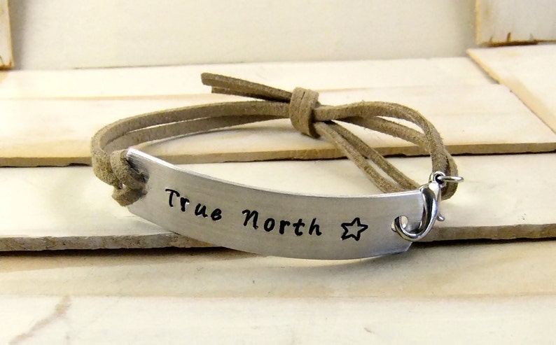 True North, Hand Stamped Bracelet, Personalized Bracelet, Faux Leather Bracelet, Adjustable Bracelet image 2