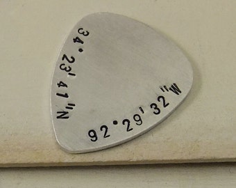 Personalized Guitar Pick, Latitude Longitude Guitar Pick, Custom Guitar Pick, Hand Stamped Guitar Pick