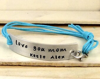 Love You Mom, Hand Stamped Bracelet, Gift for Mom, Adjustable Bracelet