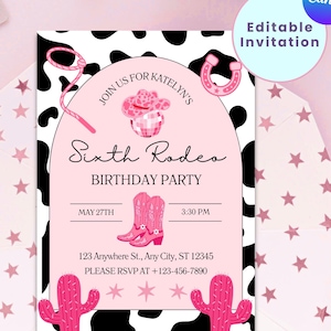 Invitación de cumpleaños de rodeo rosa / Tarjeta de invitación infantil de rodeo disco / Invitación para fiesta de niñas / Linda invitación de cumpleaños para fiesta / Invitación de Canva para niñas