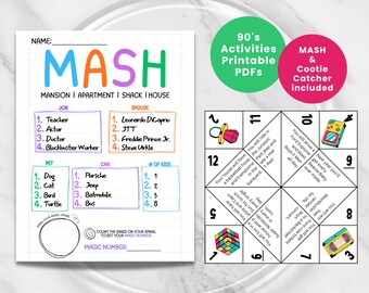 90s Activity Bundle, MASH Game and Cootie Catcher, Printable 90s Party Games, Throwback Nostalgia Party, Instant Download PDF Ready to Print